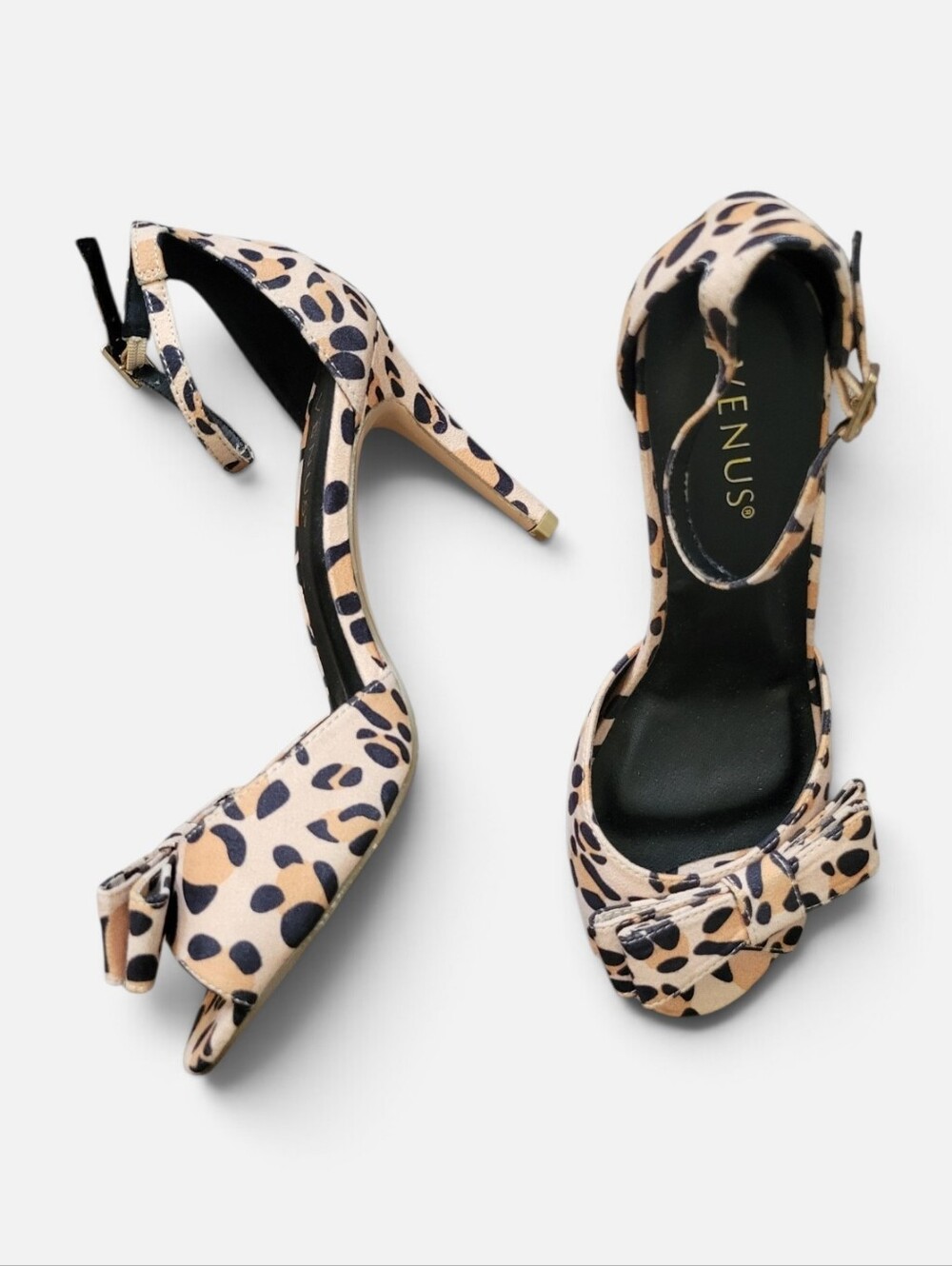 Venus Leopard Heels Peep Toe Bow Ankle Strap Cheetah Pin Up Coquette Stiletto 9